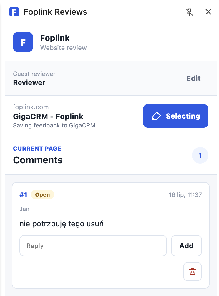 Foplink review panel showing an annotation thread on a live website